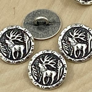 Wild Buck Metal Button Antique Silver Elk Antlers 15mm Qty 4 to 8, Country Western Button 5/8" Cowboy Leather Wrap Clasp Sweater Jacket Suit