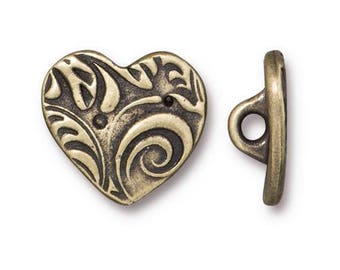 AMOR HEART Buttons, Tierracast Antique Brass Metal Buttons 14mm Qty 4, Shank Back, Bronze Swirly Heart Leather Wraps