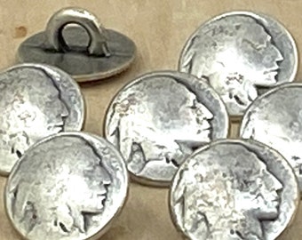 Indian Head Nickel Metal Buttons 3/8" Antique Silver, Nickel Reproduction Tiny Shank Back Button, Qty 4 or 8 Coin 12mm