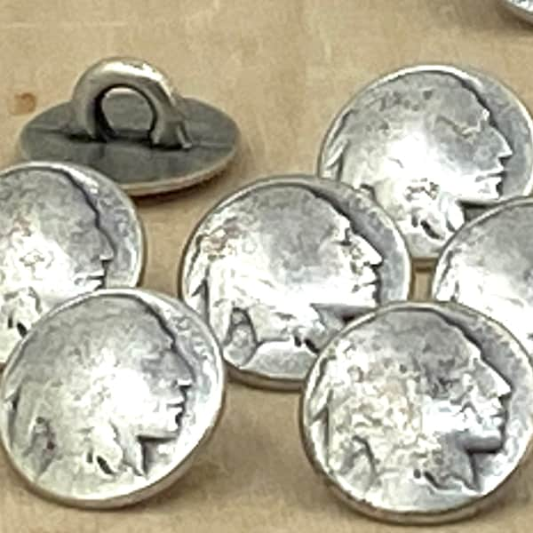 Indian Head Nickel Metal Buttons 3/8" Antique Silver, Nickel Reproduction Tiny Shank Back Button, Qty 4 or 8 Coin 12mm