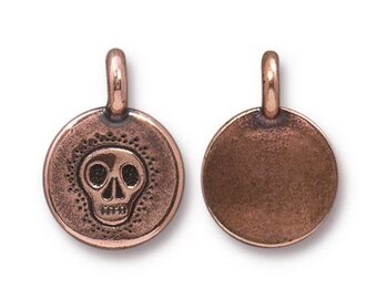 Skull Charms, TierraCast Findings, Antique Copper Round Skully Skeleton Face Pendants, Qty 4, 16.6mm Tiny Bohemian Yoga Bracelet Charm
