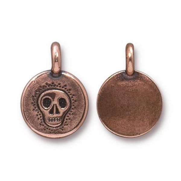 Skull Charms, TierraCast Findings, Antique Copper Round Skully Skeleton Face Pendants, Qty 4, 16.6mm Tiny Bohemian Yoga Bracelet Charm