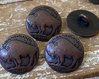BUFFALO Nickel Metal Buttons 5/8" Antique Copper, Shank Back Button, Qty 4 Buffalo Head Nickel 15mm Clothing or Leather Wrap Clasps