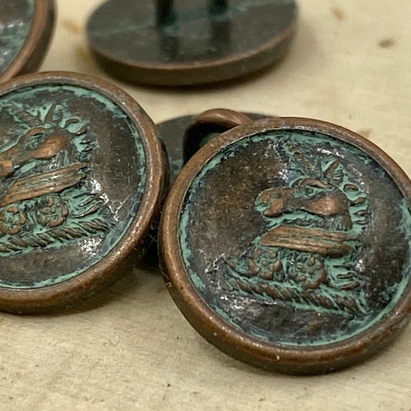 Unicorn Shield Metal Buttons 15mm / 5/8” Rustic Copper with Green Patina / Quantity 4 / Jewelry Clasp Leather Wrap Yoga Bracelet Buttons