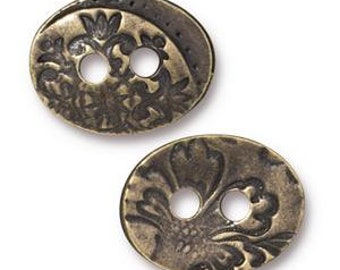 TierraCast JARDIN Buttons, Two Hole Oval, Antique Brass Metal Button, 18mm, Bronze Floral Oval Buttons, Qty 4 Leather Wrap Clasps