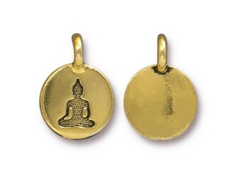 Buddha Charms, Tierracast Antique GOLD, Tiny Round Pendants, Qty 4, Bronze, Brass Oxide, 16.6mm, Bohemian Yoga Meditation Charm