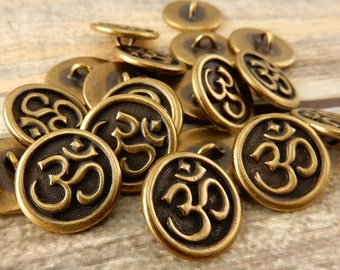 TierraCast Buttons, OM Metal Buttons 16mm Antique Brass, Qty 4, Round Metal Shank Buttons, Great for Leather Wraps or Focal Clasps
