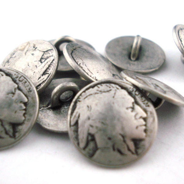 Indian Head Metal Buttons 5/8" Antique Silver Button Qty 4 to 8 Buttons, Round Shank Back Buttons, American Indian Head Nickel 15mm