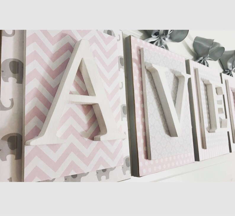 Pink and Gray Elephant Nursery Wooden Letters for Nursery Name Etsy