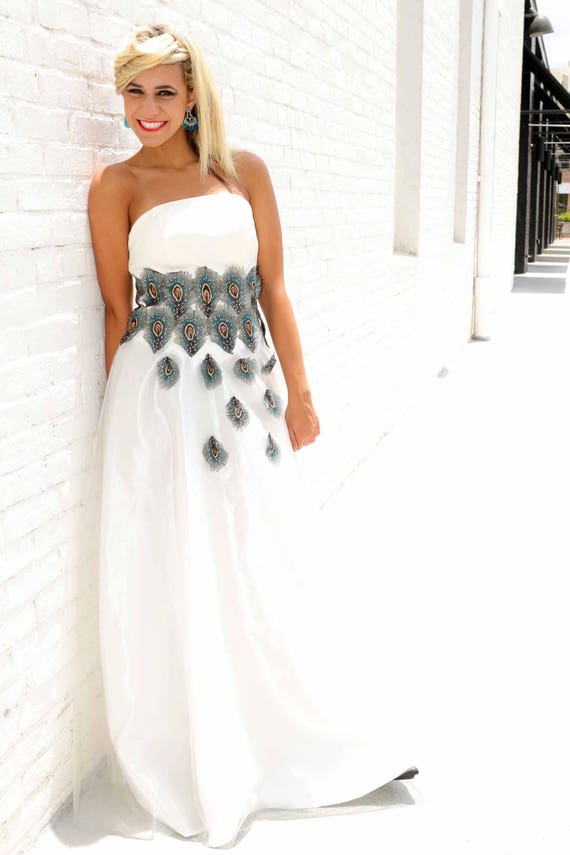 Beautiful White Peacock Appliqued Evening Gown Etsy