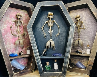 Mermaid Skeleton Coffin Display Box: Spooky Gothic Oddity