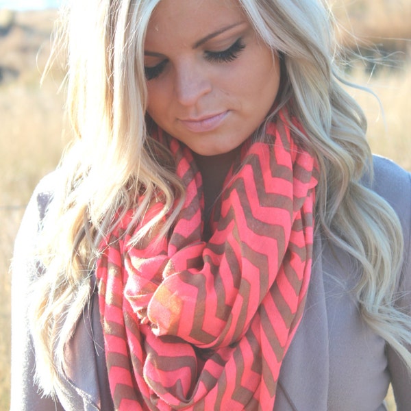 Chevron Infinity Scarf: Coral and Bronze