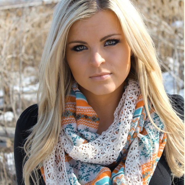 Orange and Turquoise Aztec and Lace Infinity Scarf