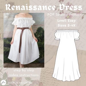 Patrón de costura en PDF para vestido camisero renacentista / Blusa campesina de manga corta con hombros descubiertos, camisón victoriano de lino medieval