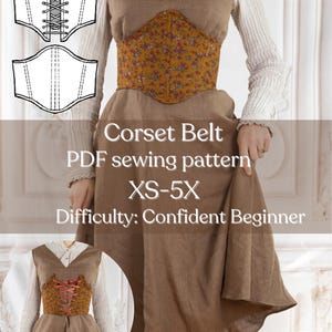 May include: A brown corset belt with a floral pattern, worn over a brown dress. The image includes a diagram of the corset belt and the text "Corset Belt PDF sewing pattern XS-5X Difficulty: Confident Beginner."