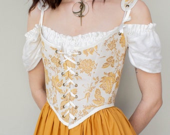 Renaissance Corset Peasant Bodice in Yellow Floral | Victorian, Elizabethan, Overbust, Underbust, 18th Century Stays | Cottage Core