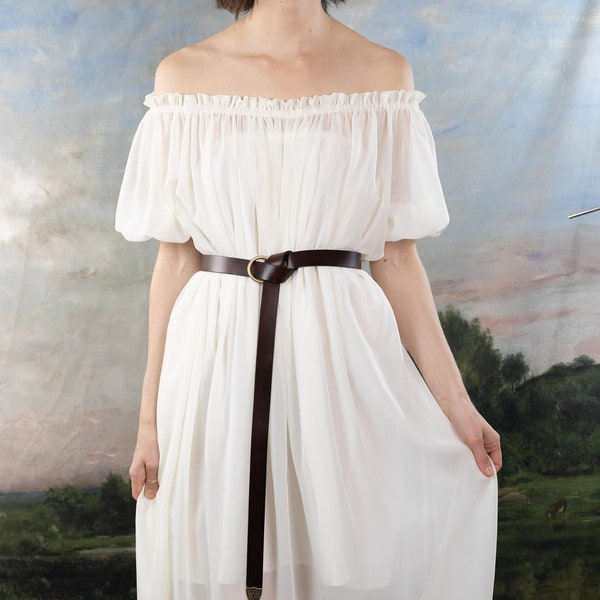 Ivory Chiffon Renaissance Dress | Chemise Pirate Blouse Puff Sleeve Off the Shoulder Cottage Core Princess Fairy Larp Ethereal Sheer Dress