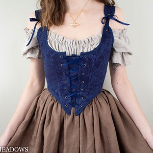 Renaissance Corset Bodice Stays in Navy Blue with Dark Blue Embroidery | With Straps Elizabethan Overbust Cottage Core LARP Princess Peasant