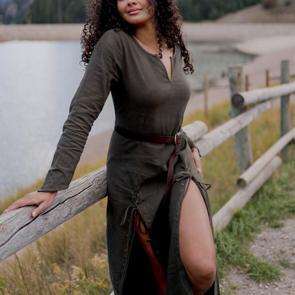 Grünes Wikinger Kleid: Renaissance Mittelalter Kirtle Gewandung aus Baumwolle