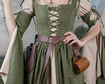 Ivy Green Linen Corset Dress | Renaissance Bodice Stays With Skirt