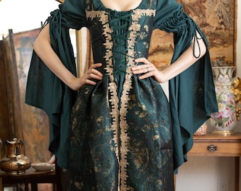 Vestido corsé de jacquard verde oscuro / Disfraz de feria renacentista, vestido de elfa con detalles dorados, mangas acampanadas dramáticas, reina de las hadas, ajustable, tallas grandes