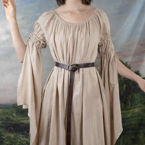 Bell Sleeve Chemise Dress Chemise Dress in Natural Tan Beige Sand | Linen Cotton Nightgown Women&#39;s Costume Medieval Queen Long LARP Cosplay