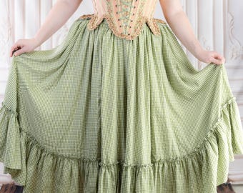 Green Gingham Ruffle Skirt: 18th Century Cottagecore Midi Skirt with Pockets