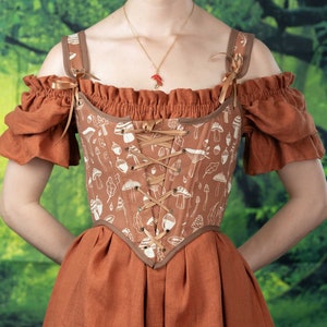 Handmade Renaissance Corset Bodice in Orange Mushrooms Canvas | Burnt Orange Cotton CottageCore Corset Top GoblinCore Costume