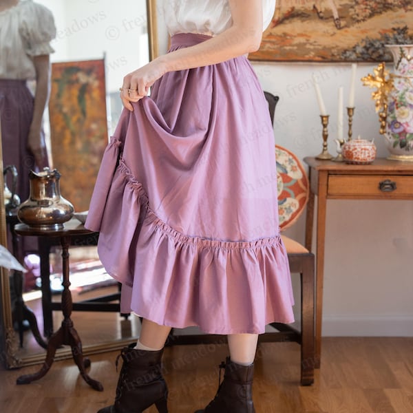 Mauve Linen Midi Skirt: Ruffle Hem, Cottagecore Renaissance Costume