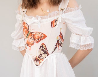 READY TO SHIP Elizabethan Tudor Corset Bodice with Butterflies | Floral Corset Top Overbust Cottage Core Fairy Princess Back Lacing Linen