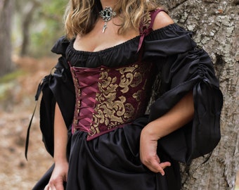 READY TO SHIP Renaissance Corset Bodice Stays in Dark Red Maroon and Gold | Floral Corset Top Princess Witch Vampire Gothic Overbust