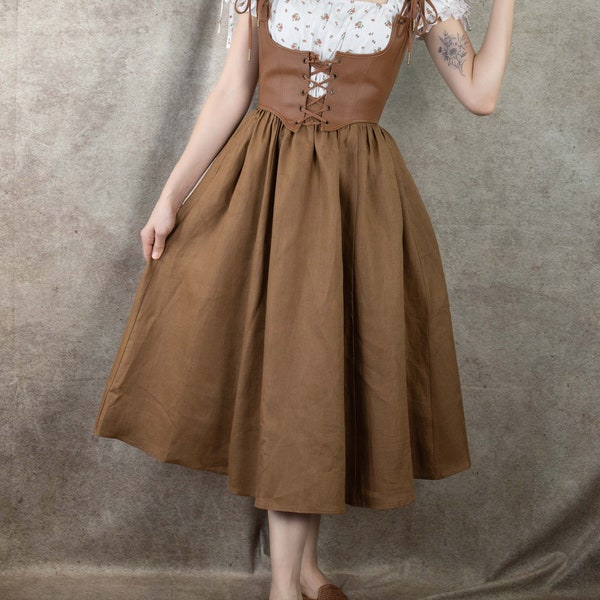 Ginger Brown Linen Midi Skirt | Tan Light Brown Renaissance Faire Skirt A-Line Gathered  Costume Hobbit Cottage Core Plus Size Pockets