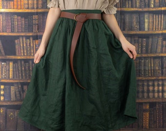 Dark Green Linen Midi Skirt | Linen Renaissance Skirt A-Line Gathered Renaissance Faire Costume Elf Hobbit Cottage Core Plus Size Pockets