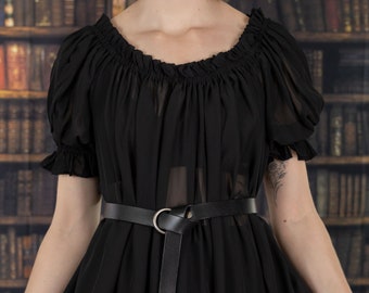 Black Chiffon Short Sleeve Renaissance Dress | Chemise Pirate Blouse Puff Sleeve Off the Shoulder Witch Vampire Dark Fairy Ethereal Gothic