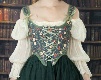 Corpiño de corsé renacentista Frambuesas victorianas / Corsé floral verde Top Bustier Vintage Tapiz Overbust William Morris Renaissance Faire