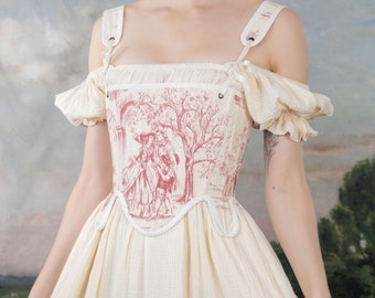 Renaissance Corset Bodice in Red Ivory Toile | Elizabethan Tudor Stays with Tabbed Waist CottageCore Rococco Corset Top Marie Antoinette