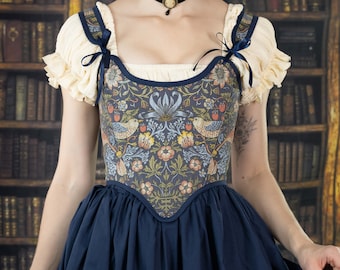 William Morris Renaissance Corset Bodice in Strawberry Thief | Tapestry Corset Top Vintage Floral Stays Elizabethan Overbust Medieval  Navy