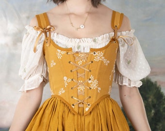 Yellow Floral Renaissance Bodice | Embroidered Gold Yellow Floral Corset Top Hobbit CottageCore Stays Womens Costume Beauty and the Beast