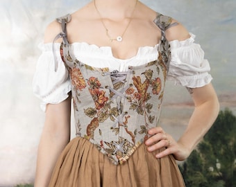 Renaissance Corset Bodice Stays in Grey Jacobean Floral with Peacocks | Floral Corset Top Flower Corset French Vintage CottageCore Princess