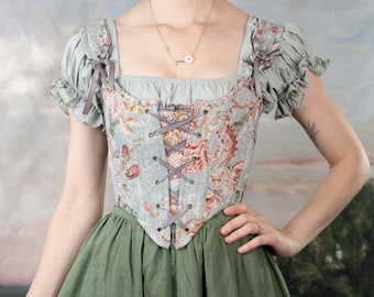 READY TO SHIP Blue Floral Corset Renaissance Bodice Stays | Vintage Floral Cotton Rococo CottageCore Fairy Princess Hobbit Medieval Corset