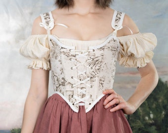 READY TO SHIP Renaissance Corset Bodice Stays in Ivory Brown Toile du Jouy | Corset Top Cottage Core French Light Academia Bustier Costume