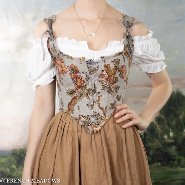 Renaissance Corset Bodice Stays in Grey Jacobean Floral with Peacocks | Floral Corset Top Flower Corset French Vintage CottageCore Princess