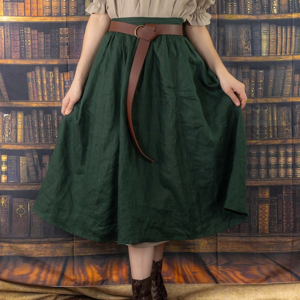 Dark Green Linen Midi Skirt | Linen Renaissance Skirt A-Line Gathered Renaissance Faire Costume Elf Hobbit Cottage Core Plus Size Pockets