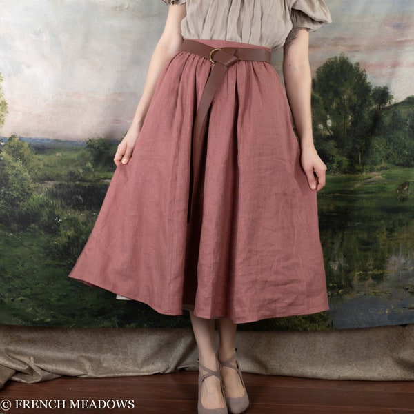 Vintage Rose Pink Linen Midi Skirt | Pink Linen Renaissance Faire Skirt A-Line Gathered  Costume Hobbit Cottage Core Plus Size Pockets
