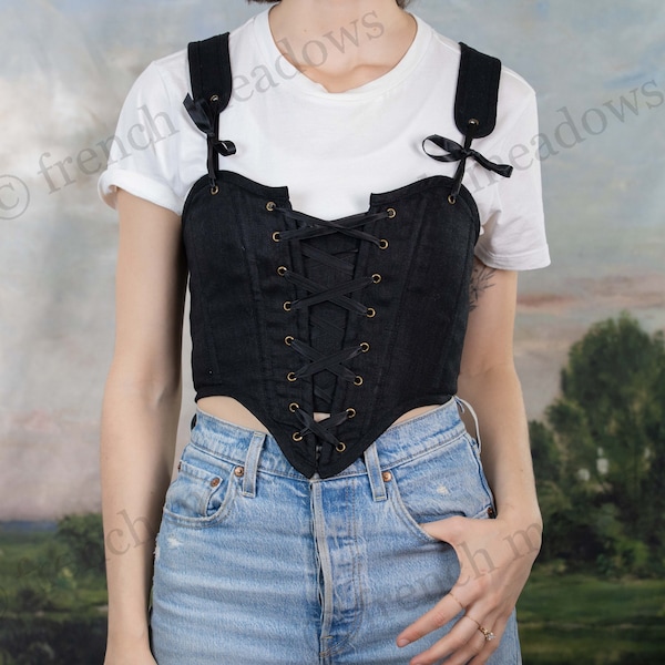 Black Linen Corset Top | Renaissance Corset Bodice Stays Vintage Strapless Costume CottageCore Soft Corset Front Lacing Bustier Corsette