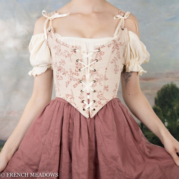 Renaissance Corset Bodice Stays in Rose Ivory Floral | Corset Top Renaissance Costume Fairy Cottage Core Princess Elizabethan Front Lacing