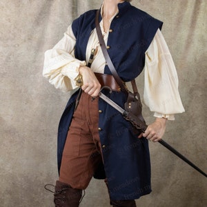 Marineblaue Leinen Piraten Weste: Renaissance Cosplay Tunika Weste