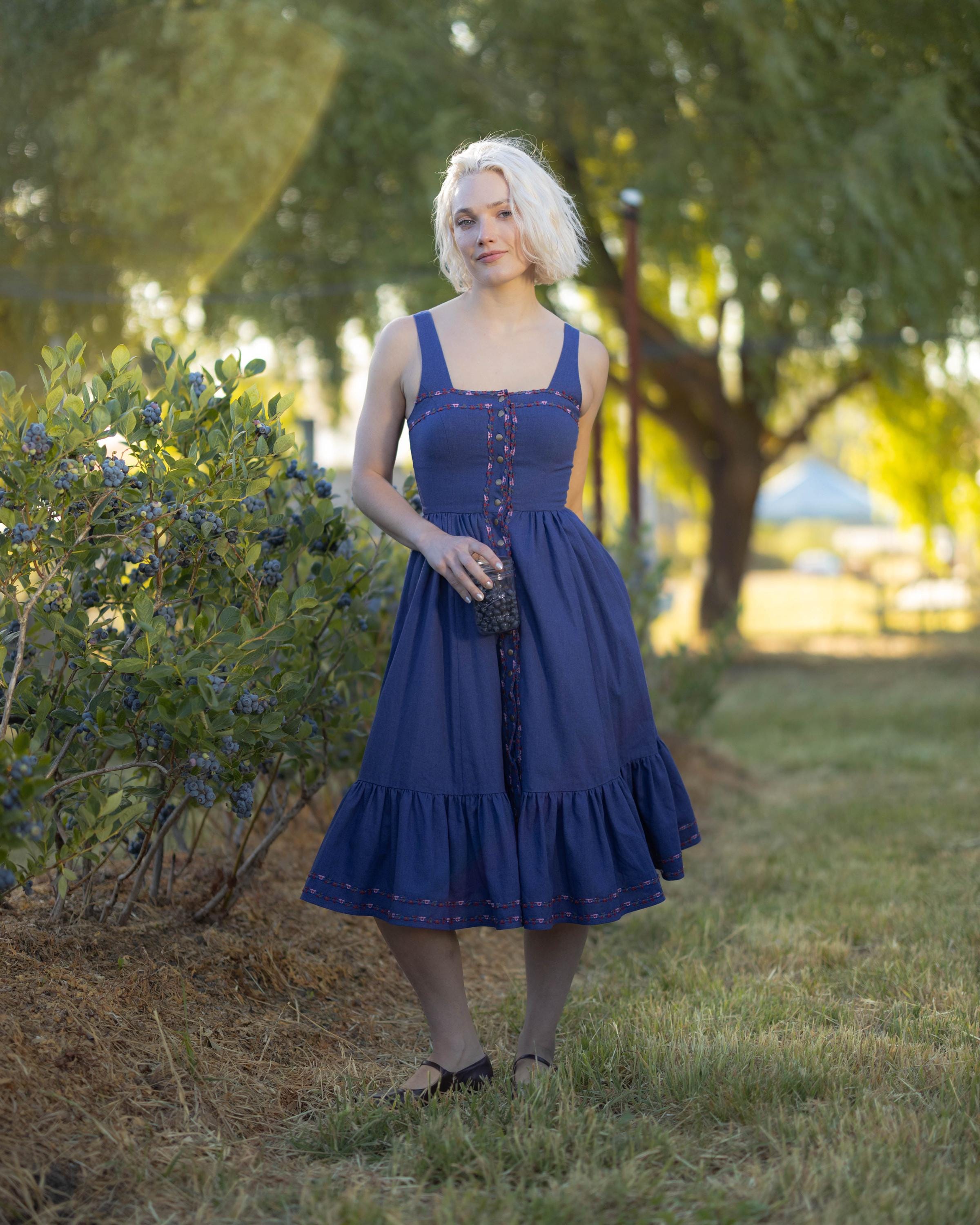 Blueberry Ribbon Corset Dress | Blue Dirndl Linen Square Neck