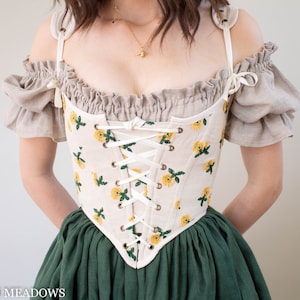 Size XS Handmade Renaissance Corset Bodice Stays in Natural Linen with Embroidered Dandelions | Corset w Straps Overbust Cottage Core