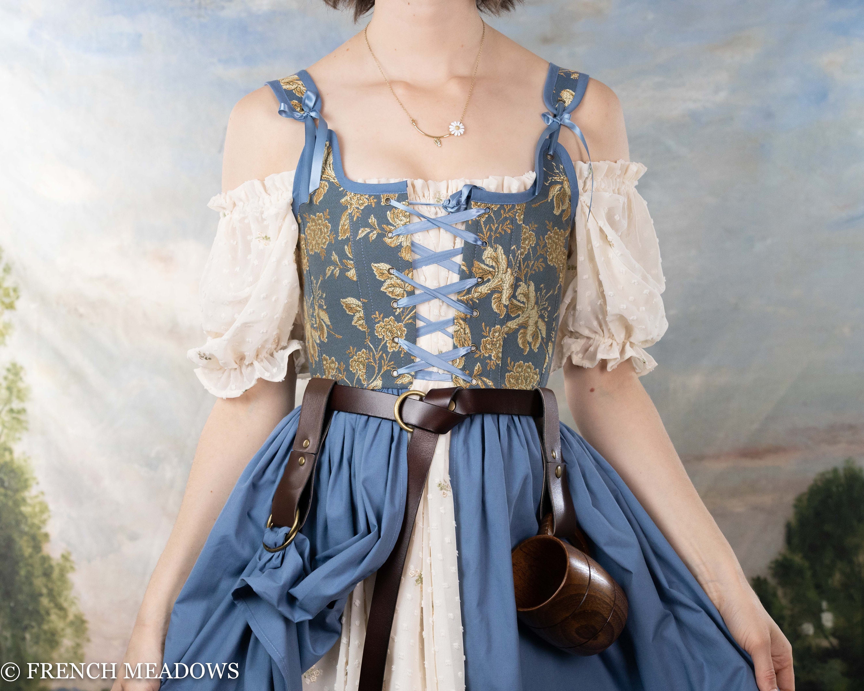 Renaissance Corset Dress Blue and Yellow Floral Jacquard Hobbit